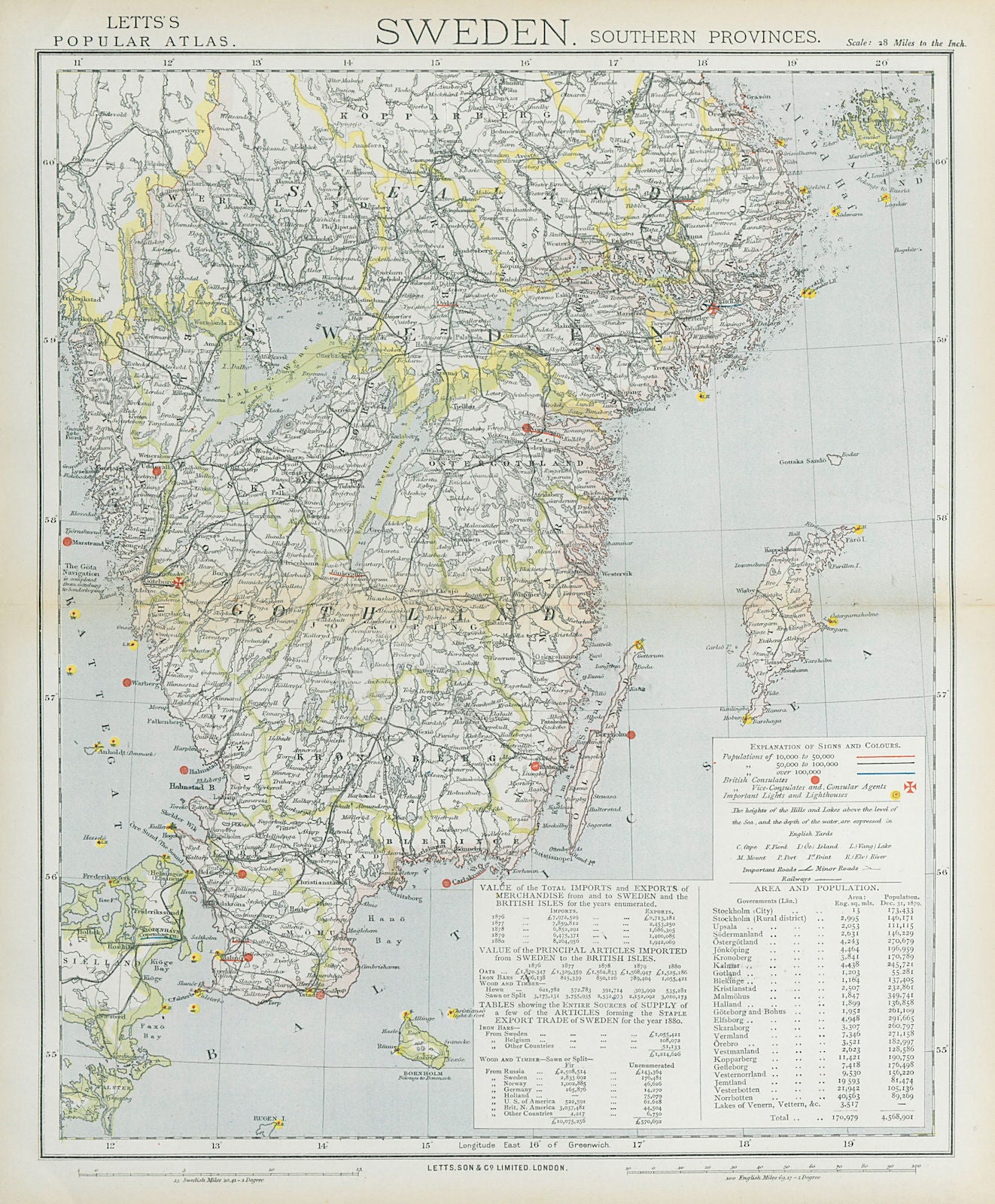 SOUTHERN SWEDEN. Lighthouses & Railways. Malmo Gothenburg. LETTS 1883 old map